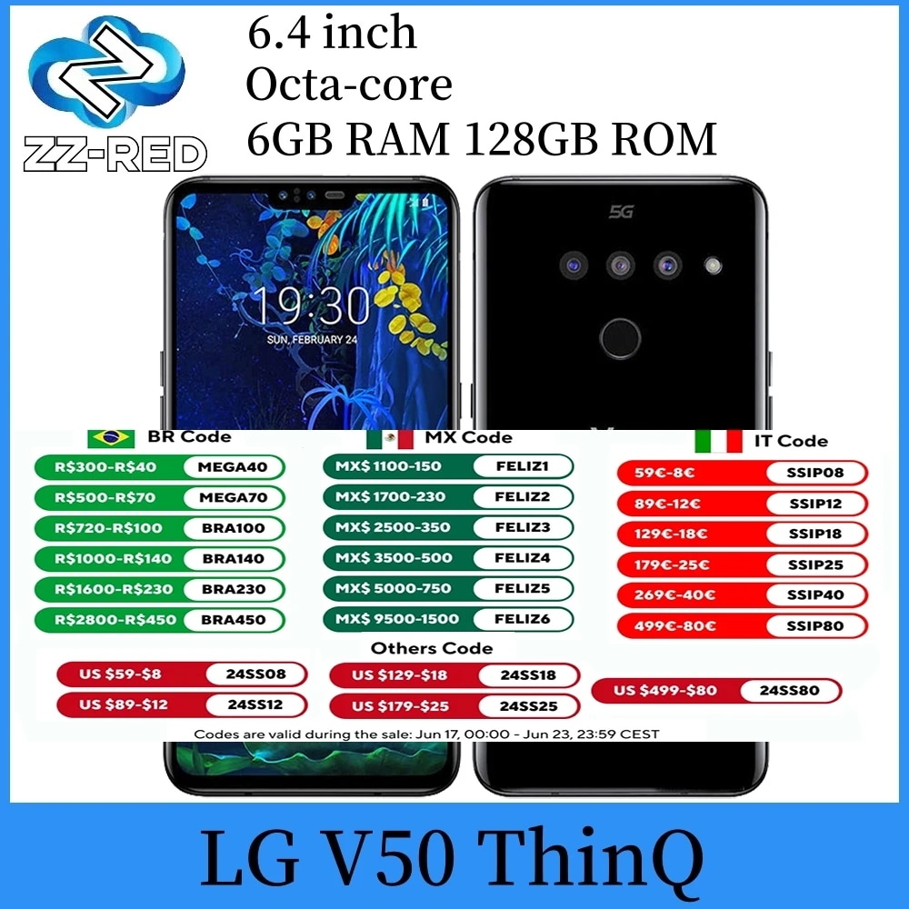 14139.0 20% OFFLG V50 thinq androidスマートフォン,ロック解除,5g,6.4インチ,NFC, 6GB 128GB,オクタコア,3リアカメラ,v450vm,v50
