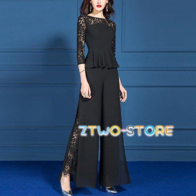 かっこいいパンツドレスセットアップレディースパーティードレス結婚式お呼ばれドレス袖ありペプラムトップス黒大きいサイズ3L4L韓国