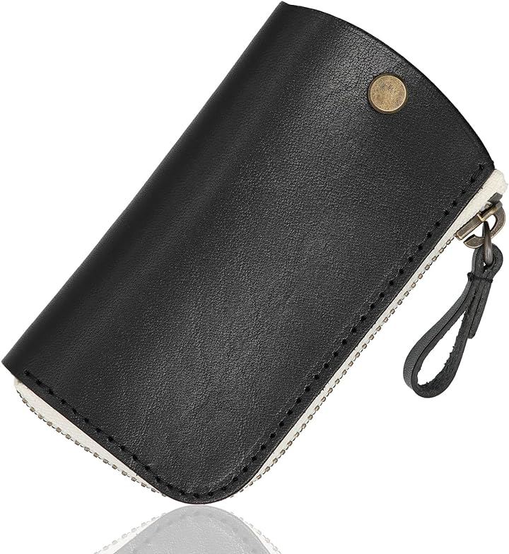 キーケース 栃木レザー スマートキーケース ファスナー付き コンパクト レザーキーケース メンズ レディース( ブラック, Free Size)