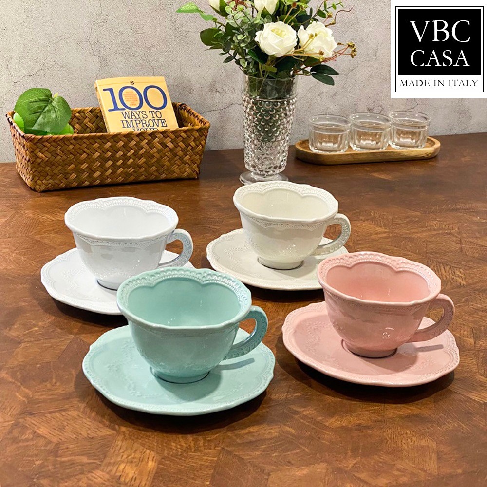[VBC CASA] Lace tea cup + saucer 4色 マグ 食器セット 韓国人気 家の贈り物 誕生日プレゼント キッチン用品 陶器 高級インテリア