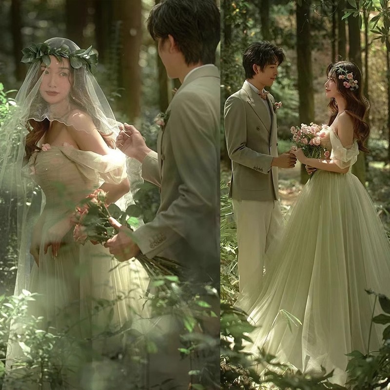 フォトスタジオフォレストスタイル旅行写真グリーンガーゼプリンセス風ロマンチックなウェディングフォトスタジオスタジオテーマ撮影ウェディングドレス
