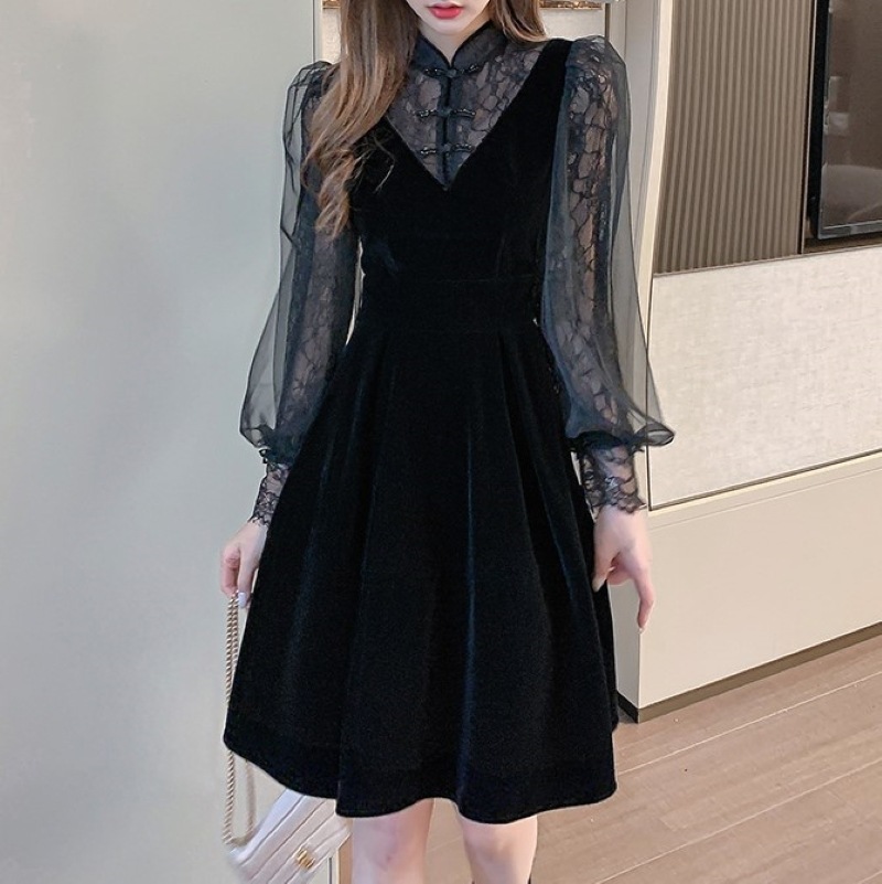 ワンピース ワンピドレス ショート ショート丈 長袖 Uネック Aライン レース シンプル おしゃれ かっこいい こなれ感 セクシー 無地 春 秋 レディース 休日 パーティー 旅行 韓国