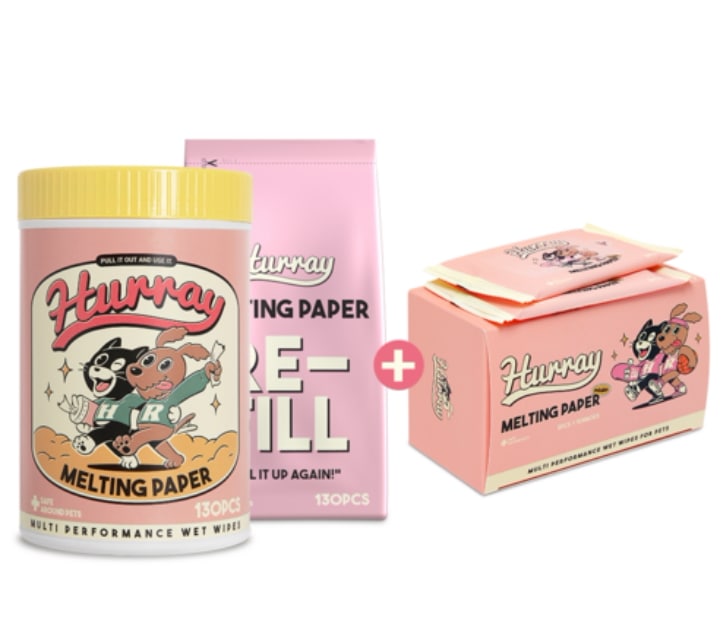 【HURRAY】 MELTING PAPER／100％天然繊維 トイレに流せるペット用ウェットティッシュ 130枚＋リフィル130枚＋携帯用50枚セット／動物用医薬部外品 認証済み