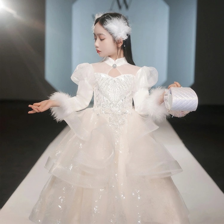 子供ドレス 発表会ドレス 白 立ち襟 ロングドレス 演奏会ドレス フォーマル 女児ドレス フレア フリル 可愛い プリンセス風 スパンコール キラキラ キッズドレス 子どもドレス 女の子 七五三ドレス