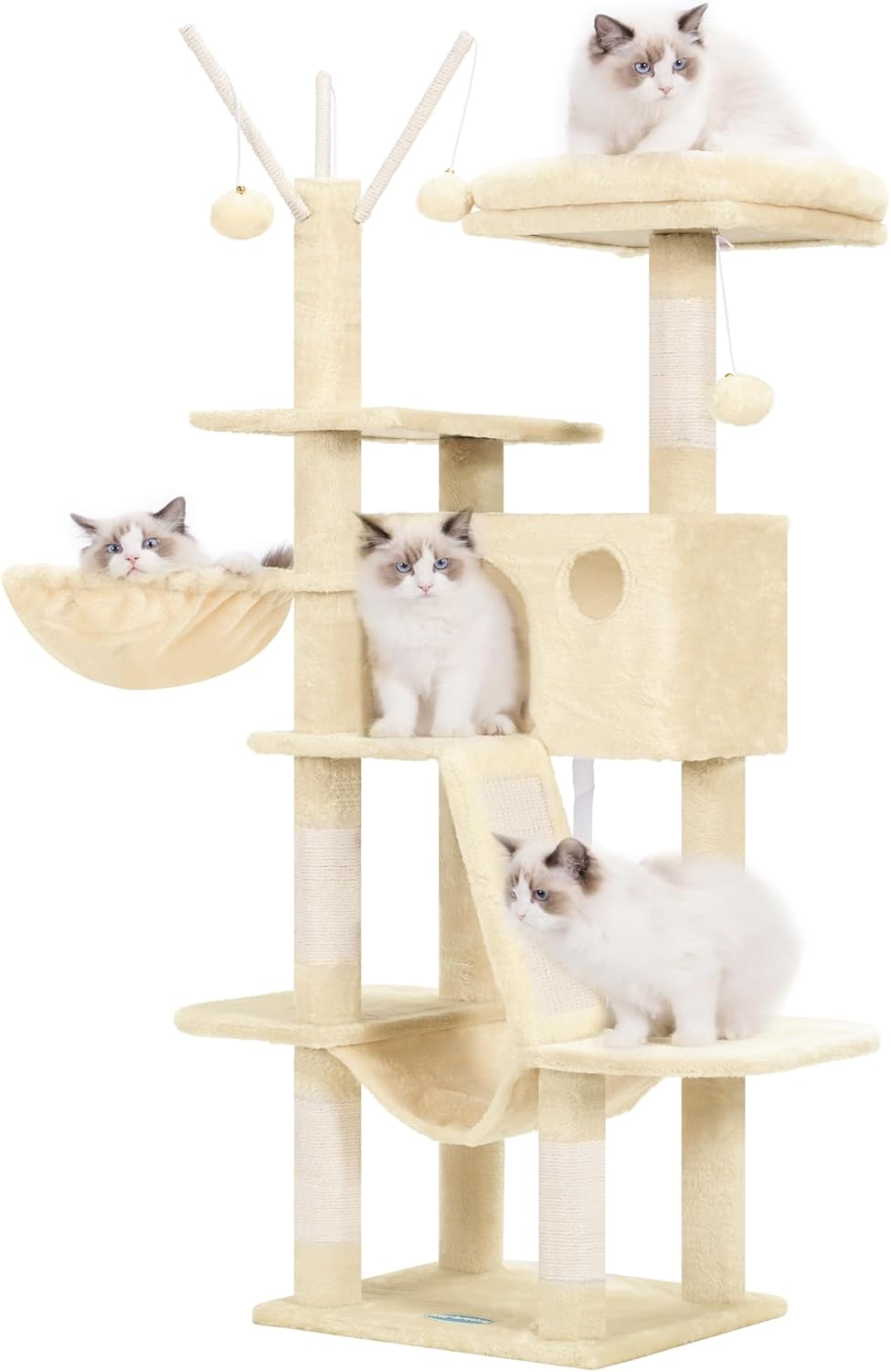 Hey-brother キャットタワー スリム 省スペース 猫タワーおしゃれ 登りやすい 大きな猫屋 天然シサル爪研ぎ板 爪とぎ おもちゃ ハンモック クッション入りベッド 高さ135 cm