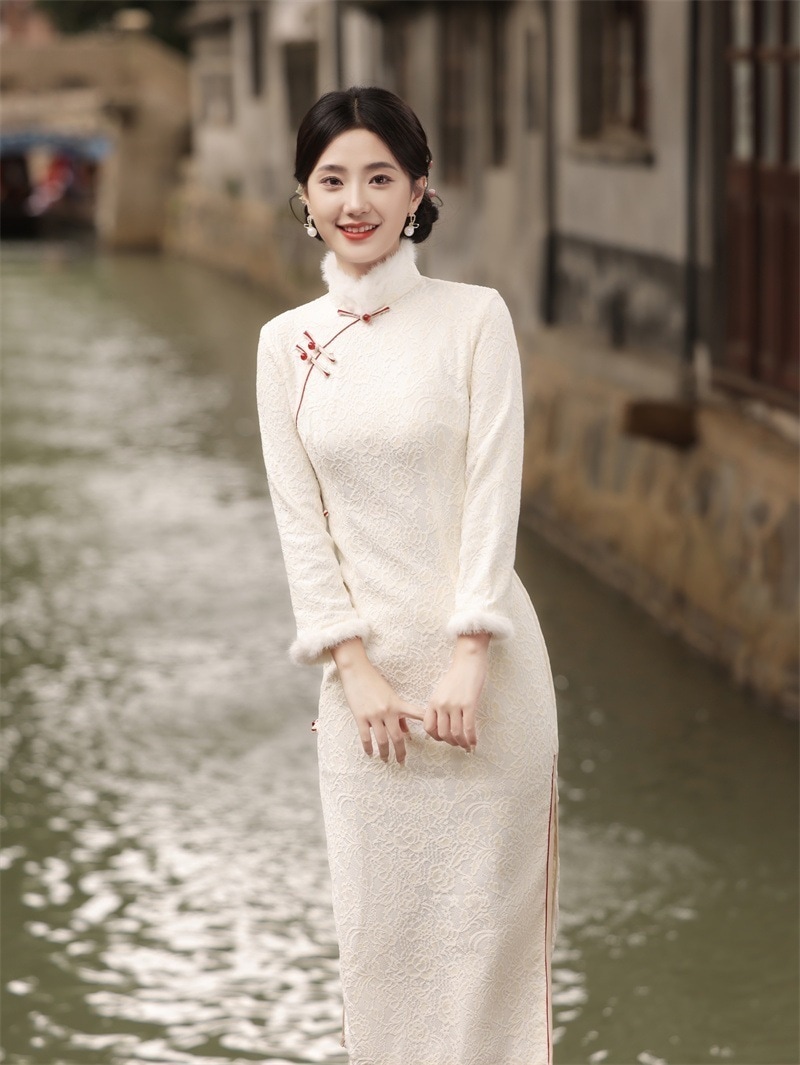 2025新入荷 秋冬の新型厚手プラスダウンロングチャイナドレススタンドカラー気質 チャイナドレス ドレス ワンピース レディース 韓国ファッション パーティードレス