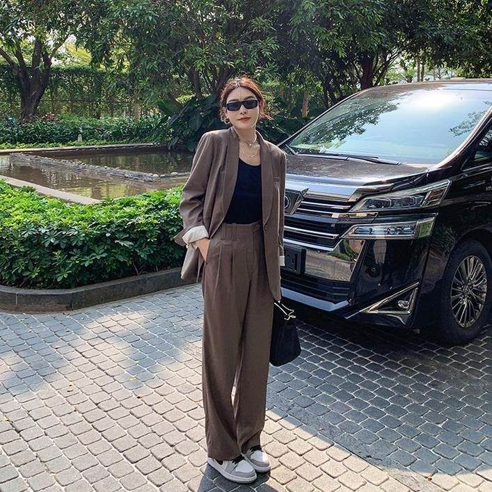 1～3日で出荷新规入荷続々2色なセットアップジャケットパンツスーツレディース春秋ビッグシルエットオーバーサイズ長袖黒茶色無地ゆったりカジュアルワイドパンツズボントラッドモード