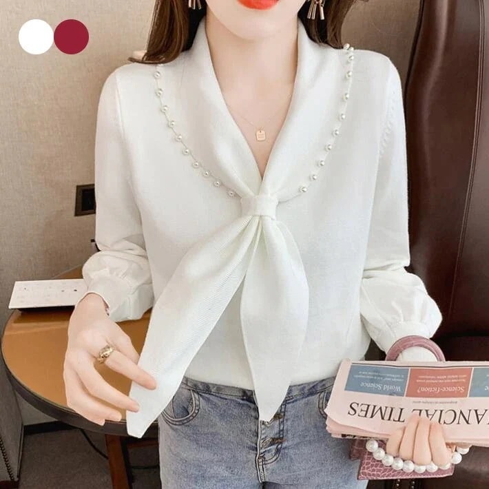 ニット　レディース　プルオーバー　リボン　セーター　リブニット　チュニック 　トップス 　長袖 ニットソー　キレイめ　パール シンプル