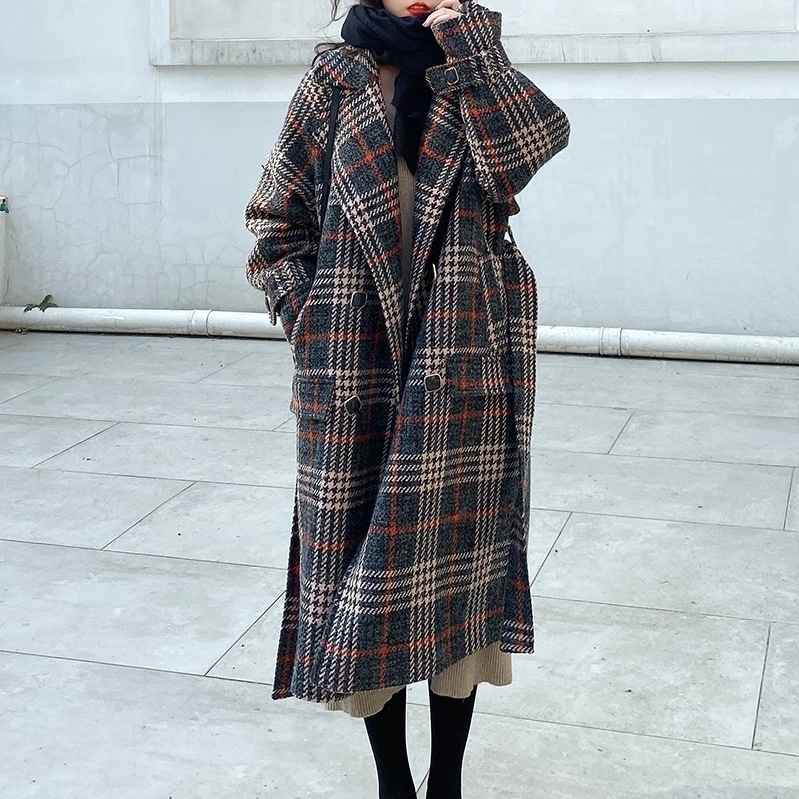 アウター レディース コート チェスターコート S M L 韓国 チェック ロング丈 ミディアム丈 襟付き 大きめ レトロ ウエストマーク トレンド ボタン ダブルブレスト ゆる ドロップショルダー 5,464円