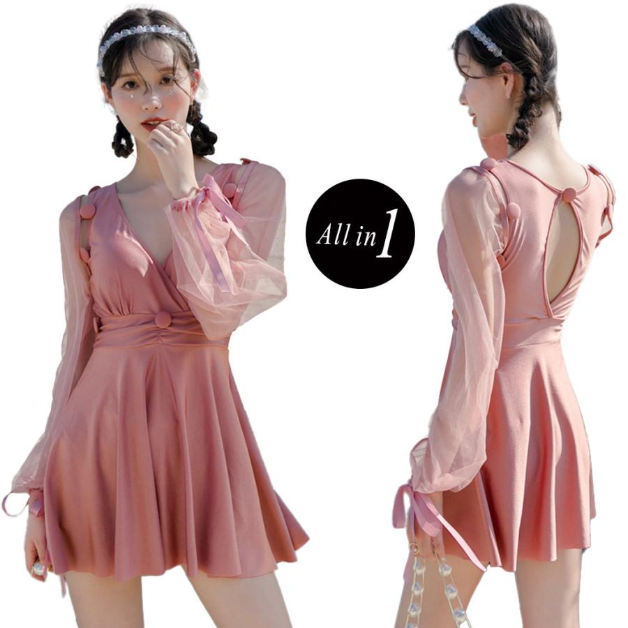 水着 レディース 長袖 ワンピース 体型カバー おしゃれ 可愛い セクシー 透け シースルー 袖 取り外し可能