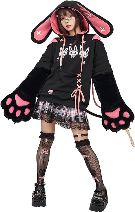 [Sky]レディース バニー プルオーバー かわいい パーカー 取り外し可能なポーチ デザイン 毛皮のような猫の爪の手袋付き