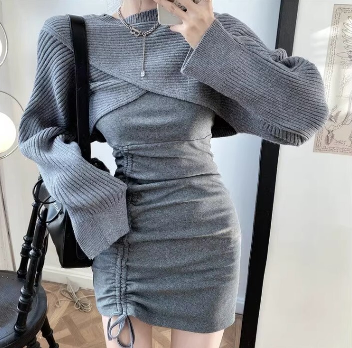 ニットショール ドレス 2点セット セットアップ ショート丈 長袖 ニット かわいい 大人可愛い きれいめ シンプル カジュアル 大人 上品 おしゃれ お洒落 かっこいい レトロ 大人女子 こなれ感