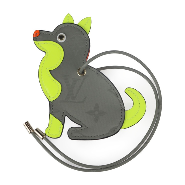 超美品 LOUIS VUITTON ルイ ヴィトン その他小物 M63280 ポルト アドレス ドッグ モノグラムチタニウム レザー パテントレザー グレー系 イエロー ネームタグ バッグチャーム 犬