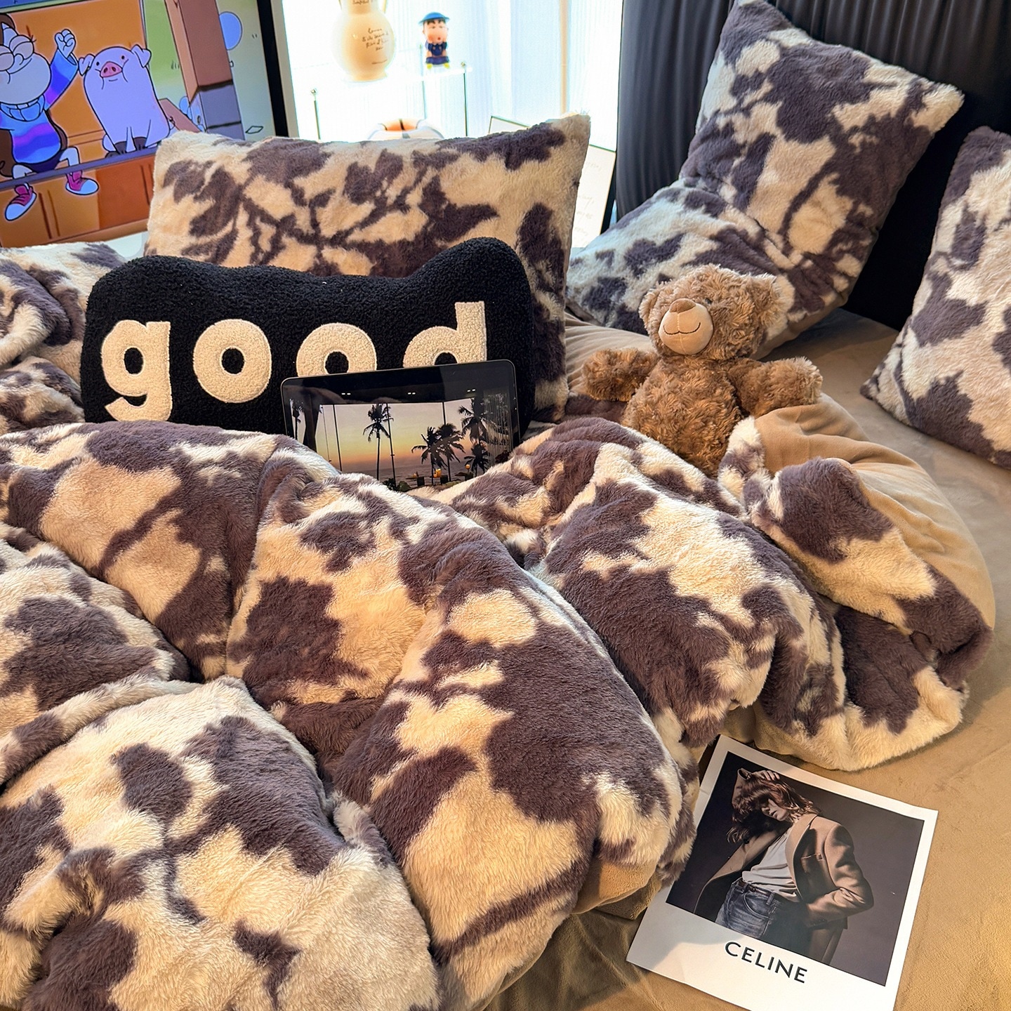 秋冬用ウサギ毛皮寝具4点セットA級両面ミルクコーラルフリース布団カバーと3点ベッドシーツセット