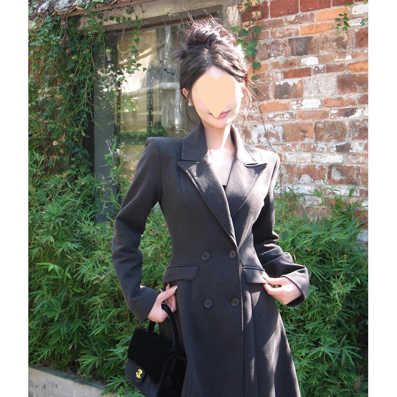 右肩スーツスタイルウールコート2024秋冬ファッションロングヘボン式肥厚休憩気質ウールコート