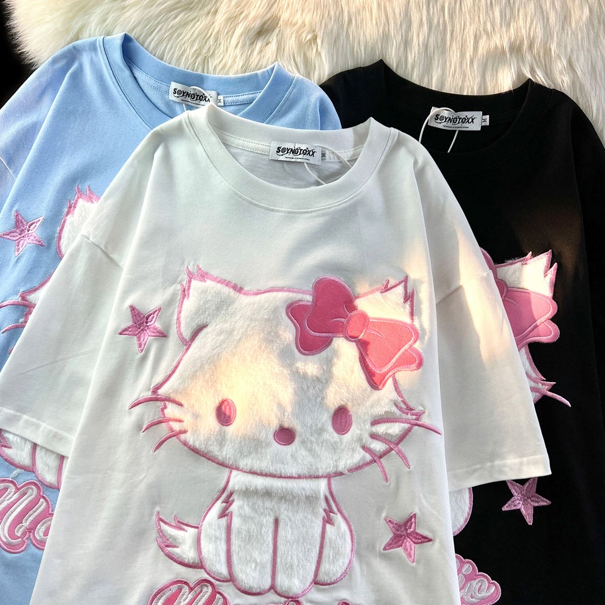 福袋25韓国ファッション大きいサイズtシャツ もこもこキティちゃん 0ｇ綿 Tシャツ 半袖 S-3XL 3Color レディースキャラクター 服142