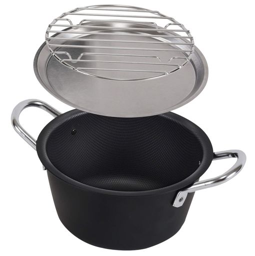 アーネスト 【日本製】 天ぷら鍋 3点セット 燕三条製 (アミ/フタ) エンボス加工 鉄揚げ鍋 ミニ (18CM) 深型 (ガス/IH対応) KARARIPO A-77360 ブラック