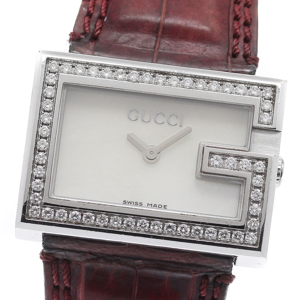 グッチ GUCCI 100L Gレクタングル ダイヤベゼル ホワイトシェル文字盤 クォーツ レディース _956022【中古】