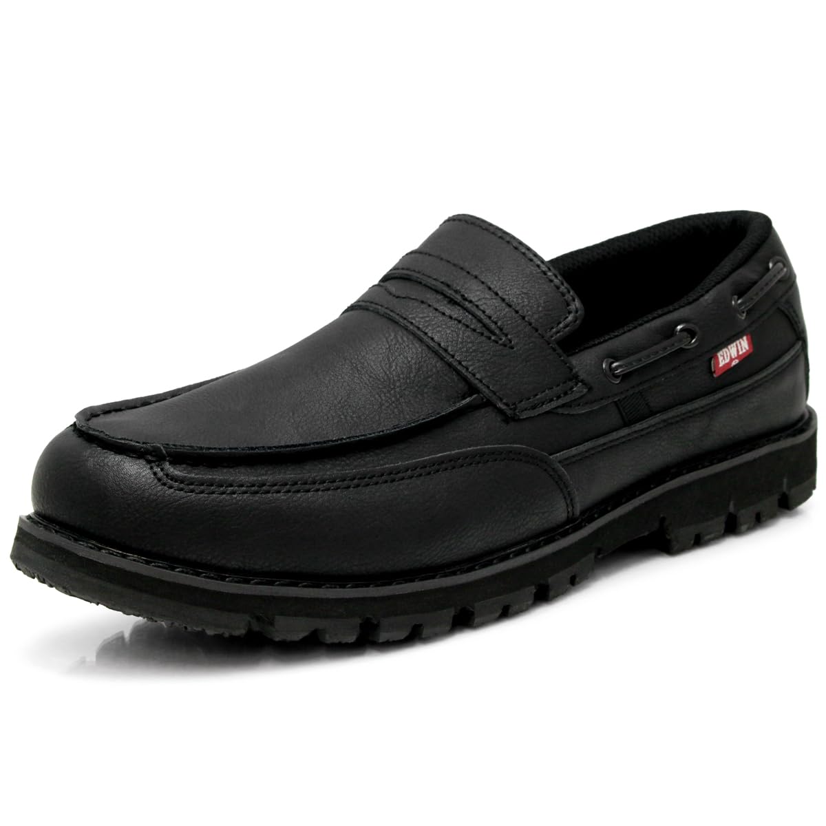 [エドウィン] ローファー メンズ 防水 スリッポン デッキシューズ PU革靴 レザースニーカー 耐滑グリップ底 おしゃれ 紐なし 靴 EDM4103 BLACK 28.0cm
