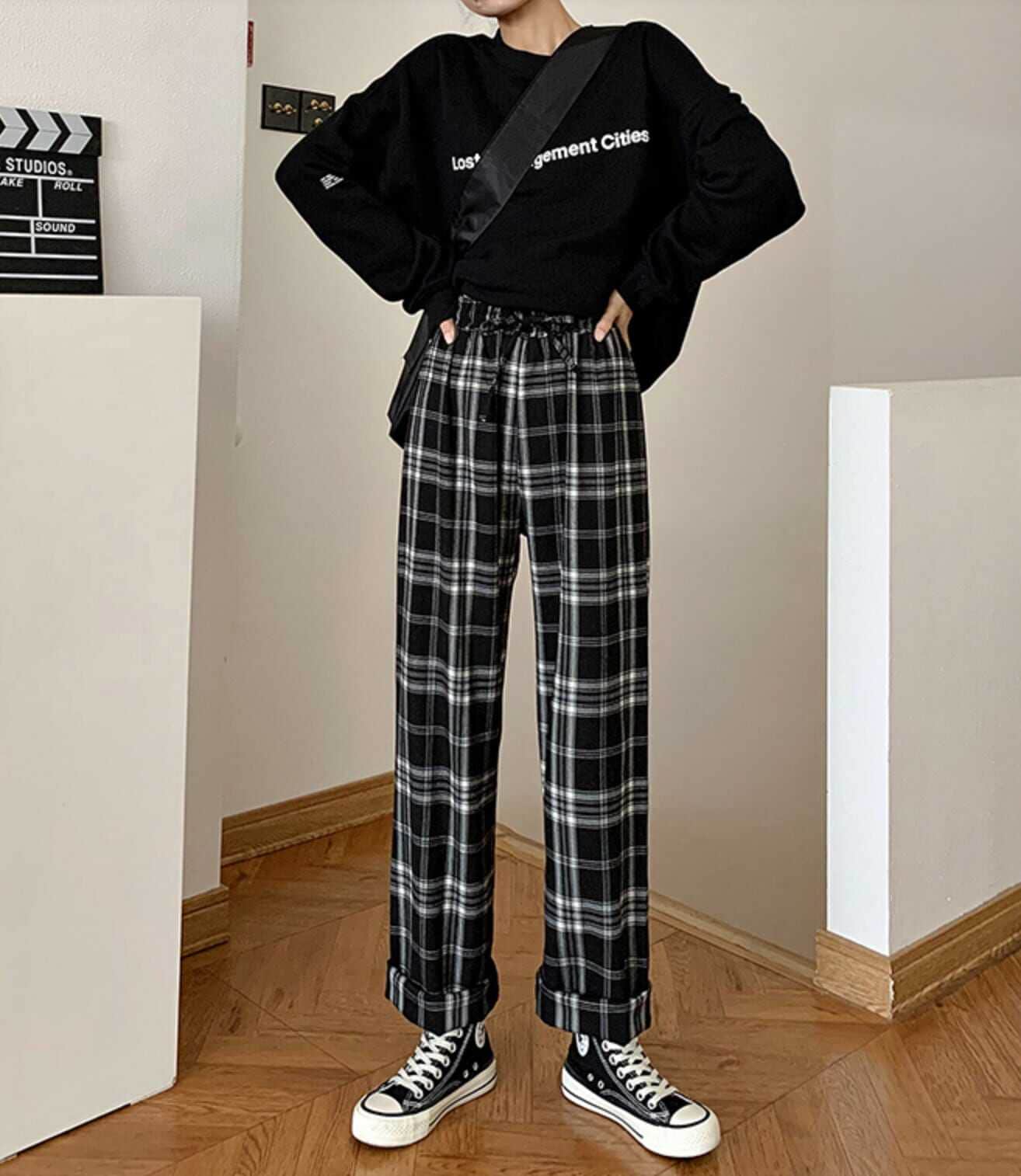 ボトムス ボトム おすすめ おしゃれ お洒落 安い プチプラ パンツ ワイド パンツ ハイ ウエスト ワイド テロテロ 太め ギンガムチェック ポリエステル ウエスト