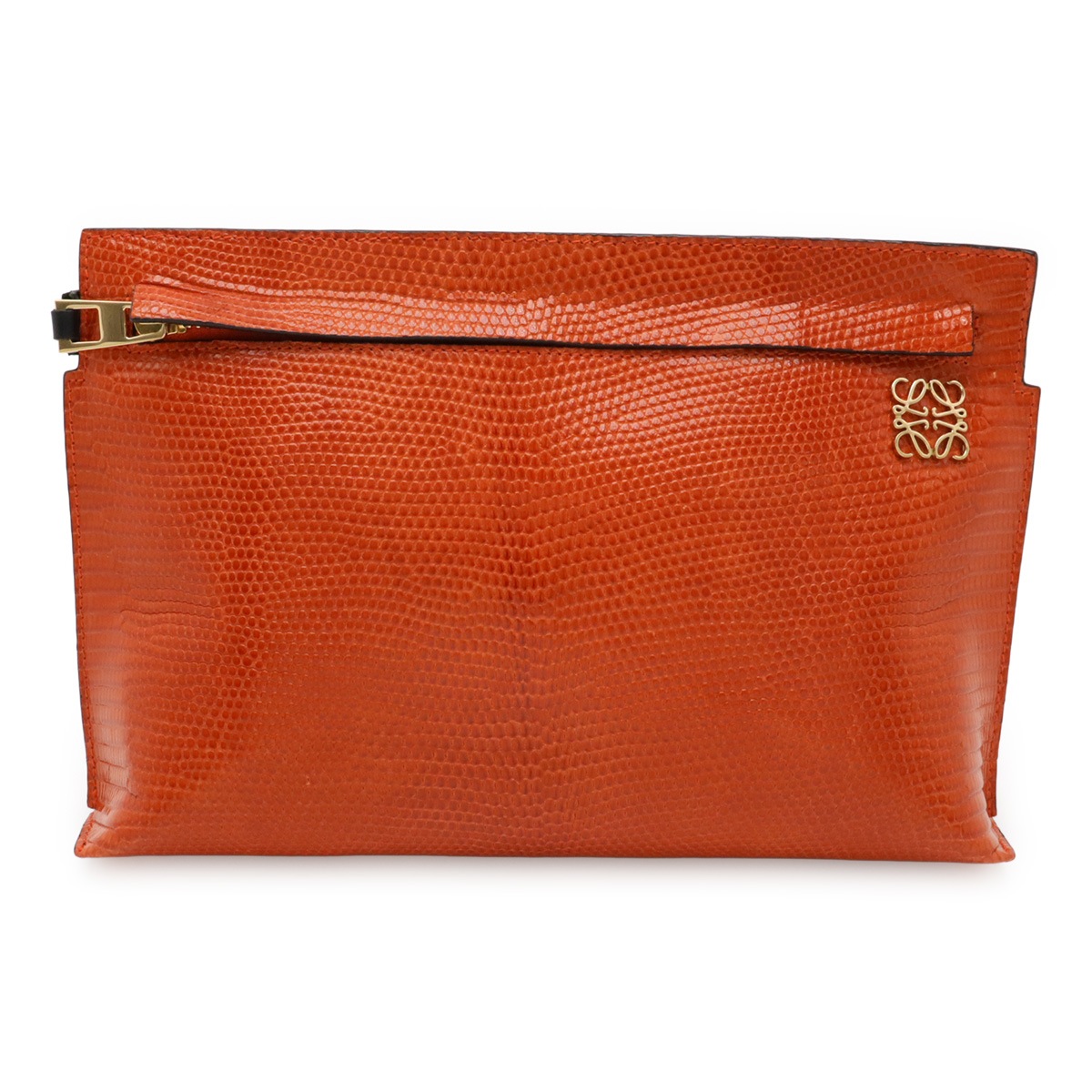 Tポーチ アナグラム クラッチバッグ セカンドバッグ マルチポーチ 小物入れ リザード レザー オレンジ ゴールド金