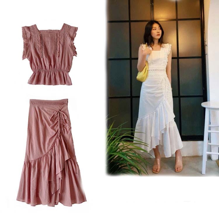 【2025新作】レディース セットアップ コットン レースブラウス セットアップ フレアスカート レディース 春 夏 デート お出かけ 20代 30代 40代