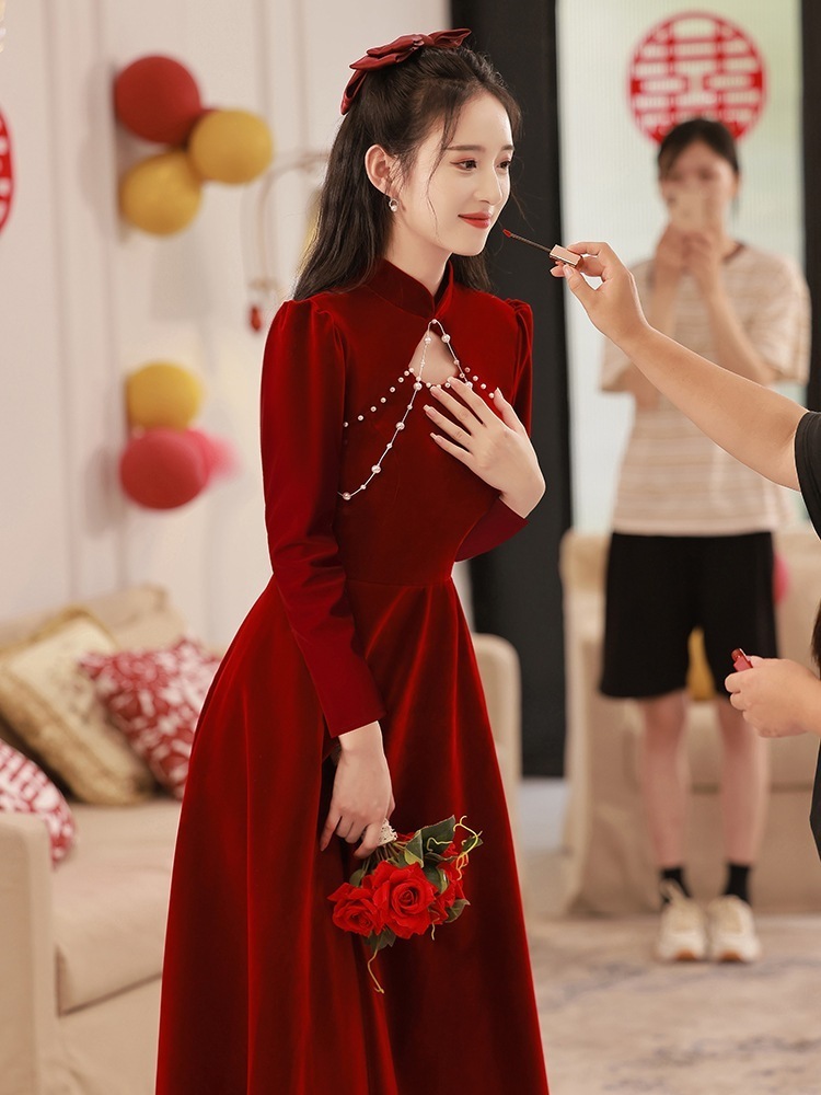 【1つ買うと10つ無料】ドレス花嫁2025女性サマーレッドエンゲージメントベルベットロングチョンサムウェディングドレスドレス