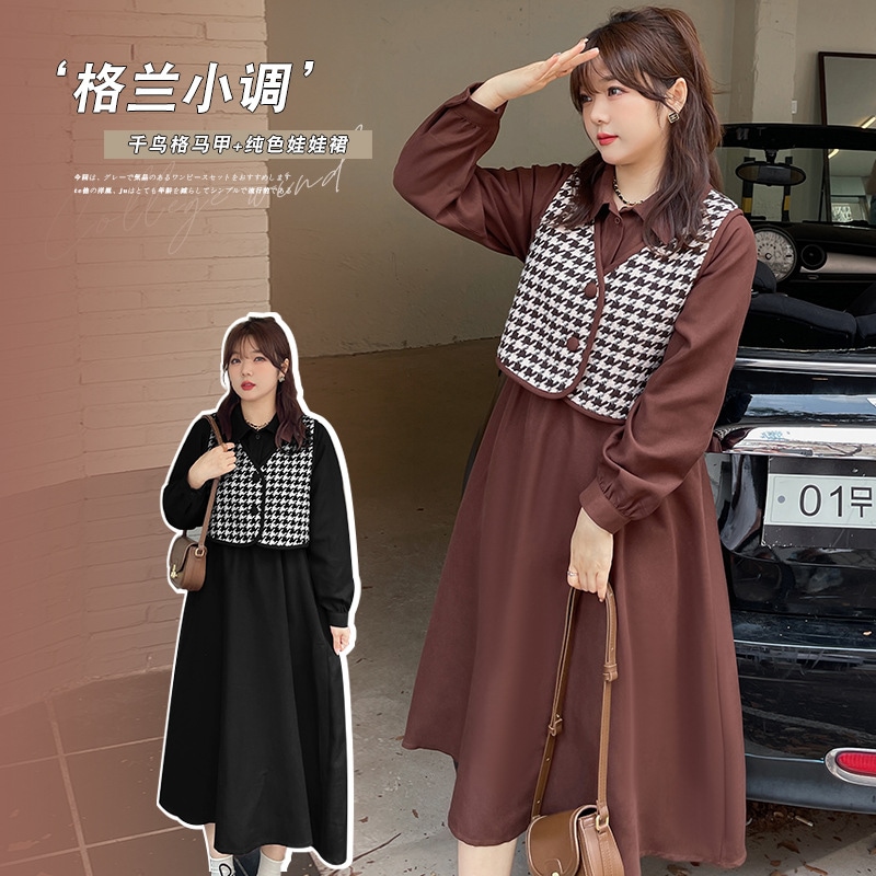 【ぽちゃまに】 2024秋新品 ワンピースセット XL-5XL ベスト＋ワンピース 千鳥格子 大きいサイズ 体型カバー レディース ハイウエスト 学院風 ワンピース メガ割