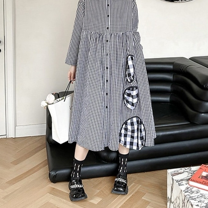 チェック柄シャツワンピース ロング シャツワンピース レディース 長袖 ロング ワンピース シャツワンピ チェック柄 アシンメトリー 切替 ドロップショルダー 羽織襟付き 個性的 モード系