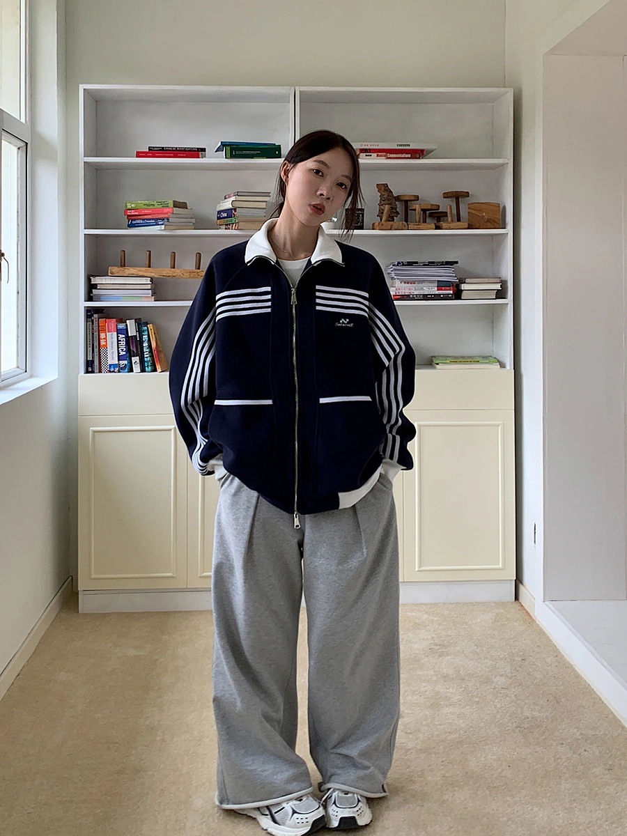 2025 春夏 韓国 かわいいレディースバイカラーックスタンドネックアウター羽織りスポーティー長袖配色スウェットコーデトップススポーツサイズサイドカジュアルシルエットファッション系フル丈トラック