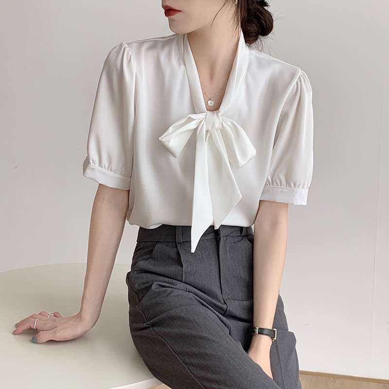 【1つ買うと10つ無料】女性用の夏の白い短袖のシャツシフォンキャリアインタビューフォーマルな気質シャツ