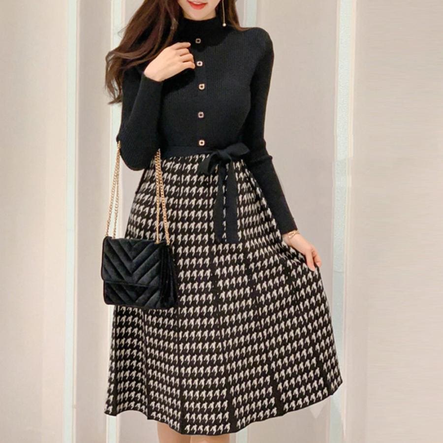 ニットワンピースレディース千鳥柄切替秋冬30%までに制限