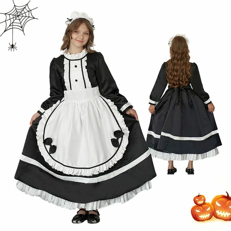 ハロウィン 衣装 メイド服 エプロン 子供用 メイド 女の子 長袖 クラシカル ヘアバンド 蝶結び エプロン 子供コスチューム ハロウィン衣装 子供 ロイヤルメイド ワンピース キッズ メイド コスプ