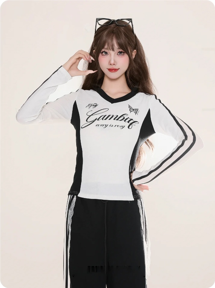 アメリカン ジャージ Vネック 春秋 長袖 Tシャツ スポーツウェア ショート シック トップス スポーティーロゴクロップドロングTシャツ 5,570円