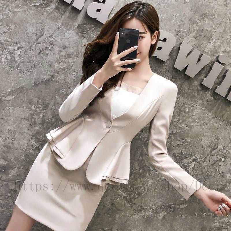 ス一ツ/新生活応援ビジネス特集 韓版背広のスーツの雰囲気の職業装女ハスの葉の修身背広タイトスカートスーツ/ ビジネス スーツ 洗える ストレッチ