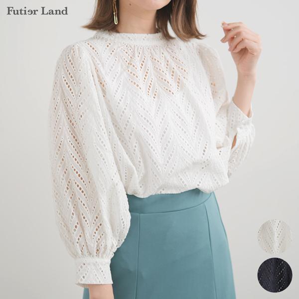 ボリュームスリーブ レースブラウス カットワークレース カットワーク ブラウス トップス ハイネック 韓国 ファッション ボリュームスリーブレースブラウス