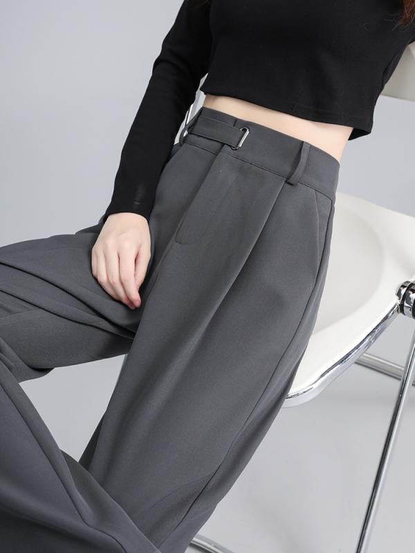 パンツ レディース 秋 冬 春 カジュアル ファッション グレー スーツ 伸縮性 ウエスト ストレート レッグ ベルベット ワイド レッグ