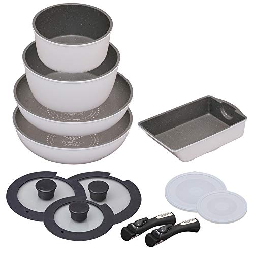 アイリスオーヤマ フライパン 鍋 セット フライパンセット 12点 ガス火 IH対応 軽量 お手入れ簡単 取っ手のとれる ダイヤモンドコート ダイヤモンドコートパン ホワイト/マーブル ISN-SE1