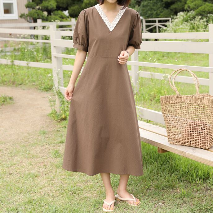 [韓国ファッション] レースネックライン 腰紐付き シャーリングパフスリーブ 半袖 ロングワンピース