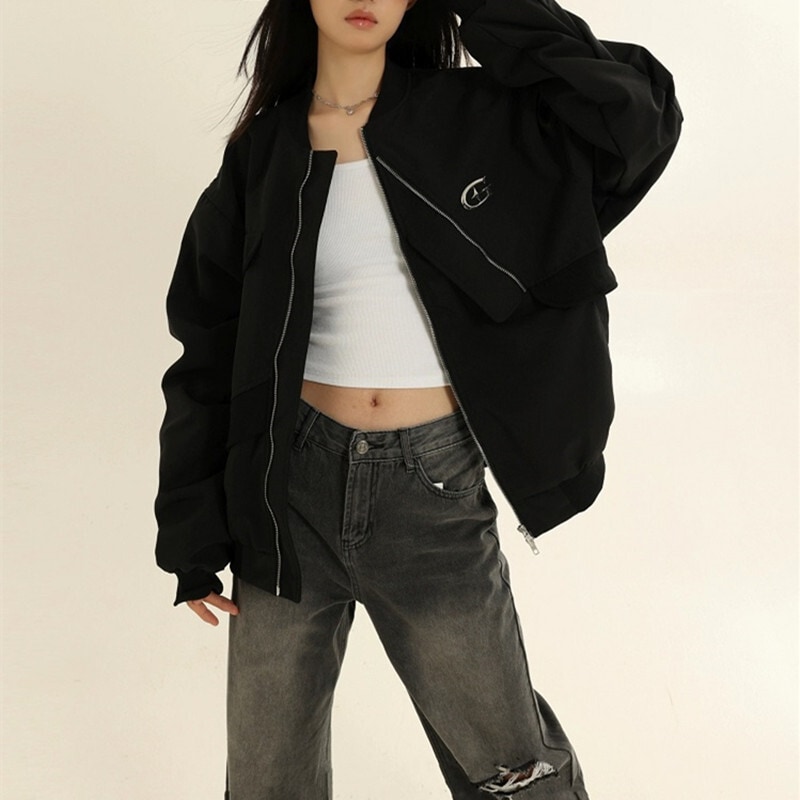 アウター ジャケット ジップ ポケット MA-1 アシンメトリー ワンポイント ドロップショルダー 長袖 大人可愛い シンプル お洒落 こなれ感 普段使い