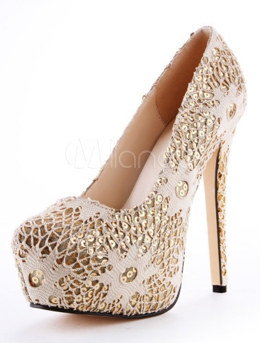 ベージュレーススパイクヒールの女性のプラットフォームパンプス
