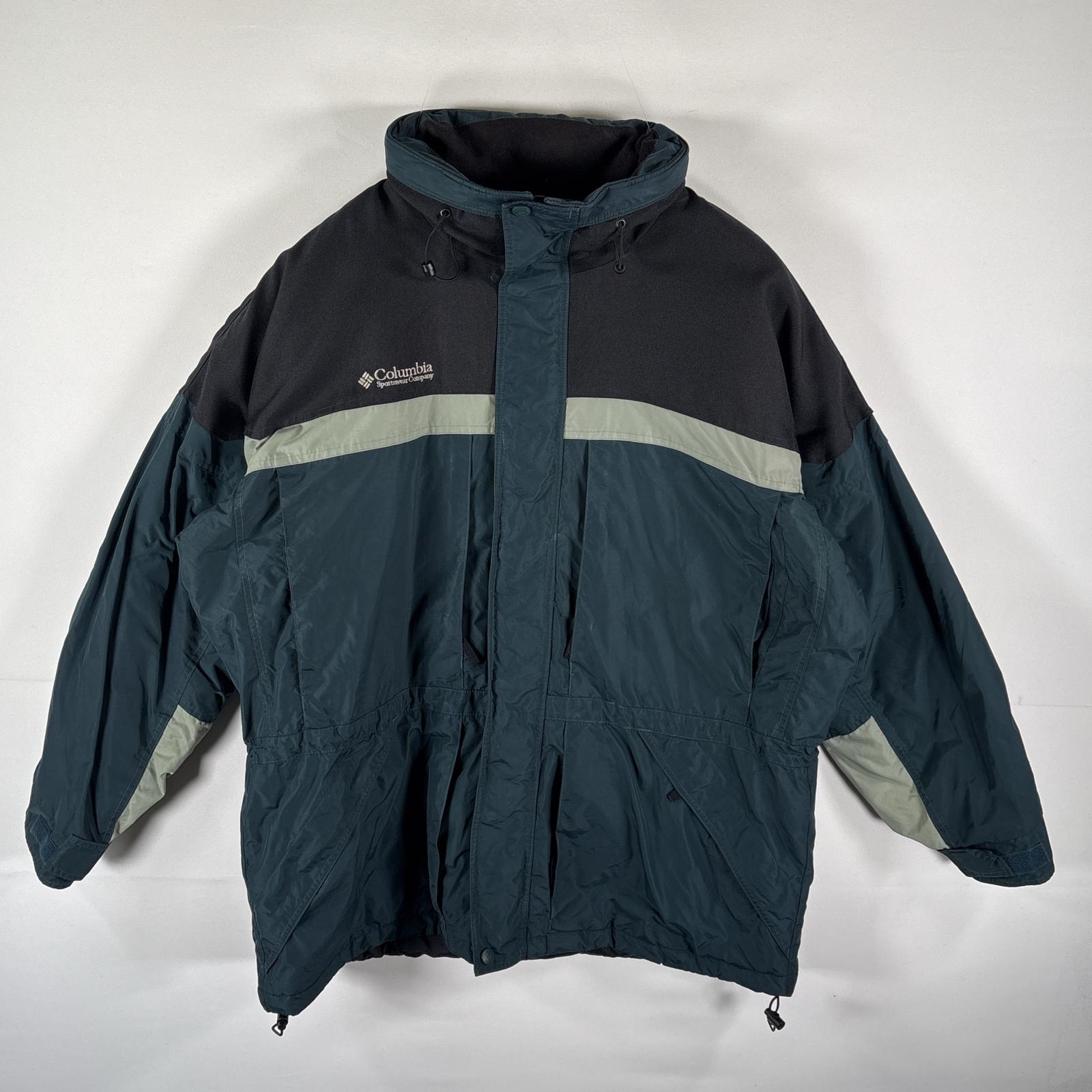 古着 マウンテンパーカー ナイロンジャケット ツートンカラー フルジップ 中綿 フード収納 XL グリーン系 メンズ