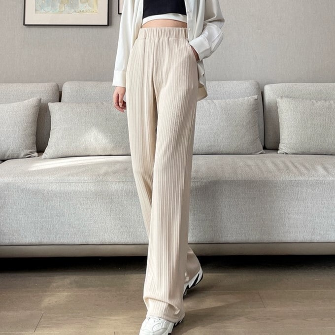 ボトムス パンツ ズボン ストレートパンツ ロング丈 ストレート Iライン ハイウエスト リブ ウエストゴム 薄手 かわいい 大人可愛い きれいめ シンプル カジュアル 大人 おしゃれ お洒落