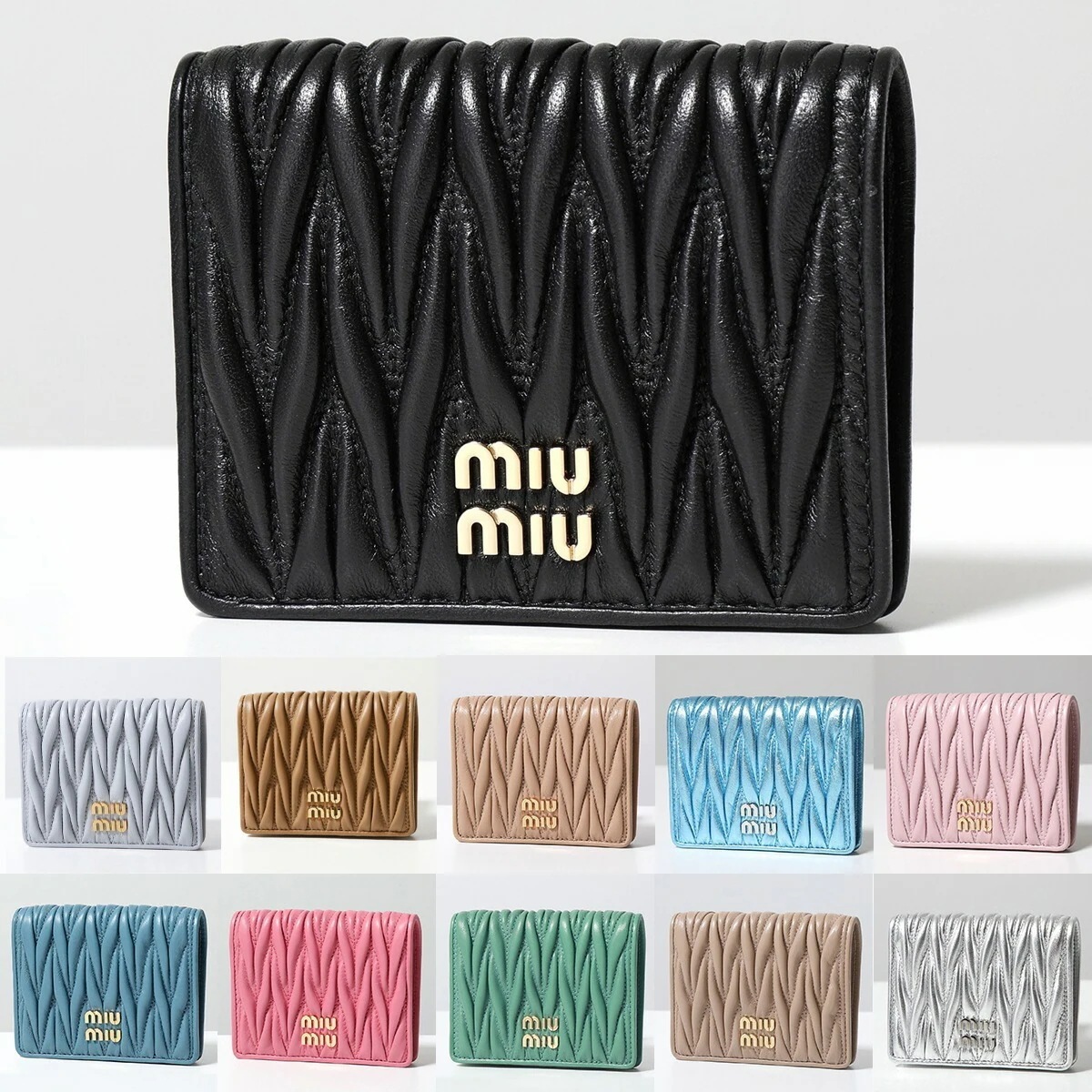 MIUMIU ミュウミュウ 二つ折り財布 5MV204 2FPP AFPP レディース MATELASSE マテラッセ レザー スモール ミニ財布 豆財布 メタルロゴ カラー11色