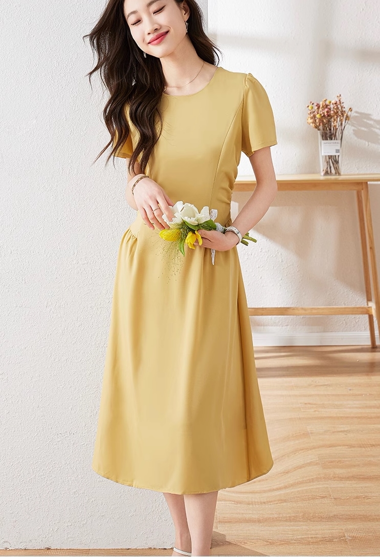 ドレス 女性 夏 ニッチ デザイン ハイレベル ウエスト ロング スカート ワンピース ロング ロング丈 袖あり 半袖 ラウンドネック 襟なし かわいい 大人可愛い シンプル カジュアル 大人 上品