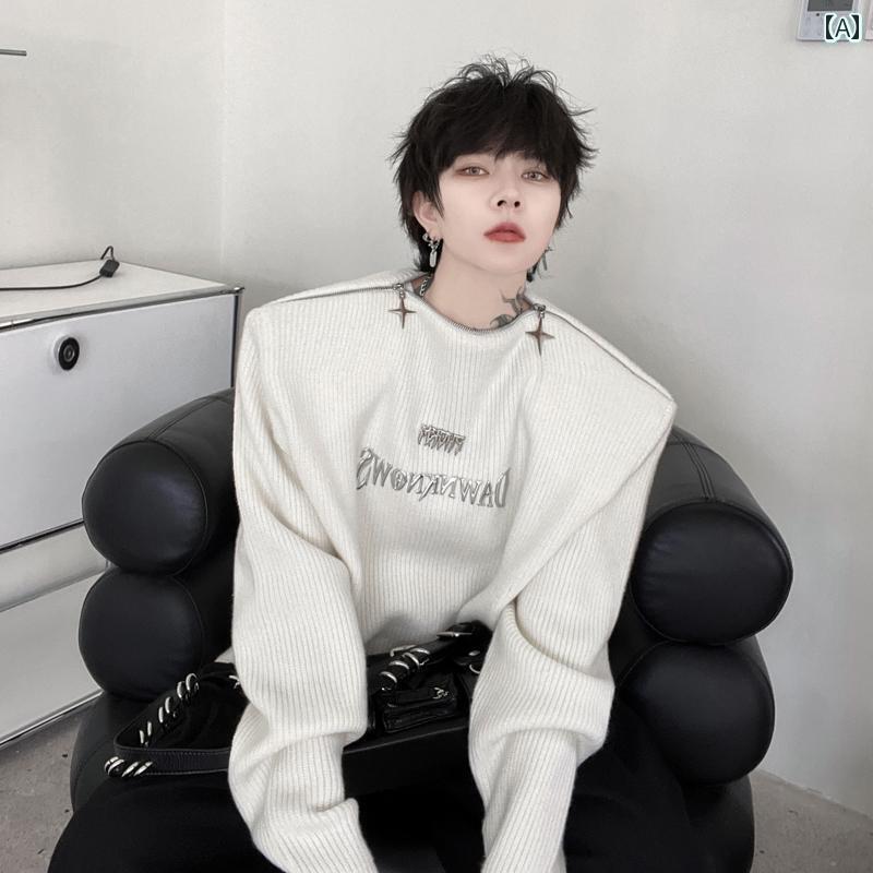 メンズ カジュアル 冬 ラウンドネックプルオーバー セーター 和風 文学 快適 ソリッドカラー メタル レター トップス