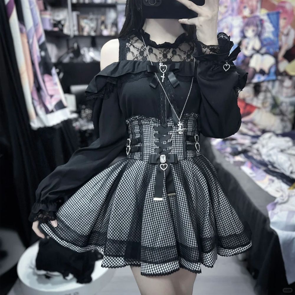 【急速発送】無.料 量産型地雷系リボンシャツレースハイウエスト半身スカート長袖甘めハーフスカートトップス2点セット