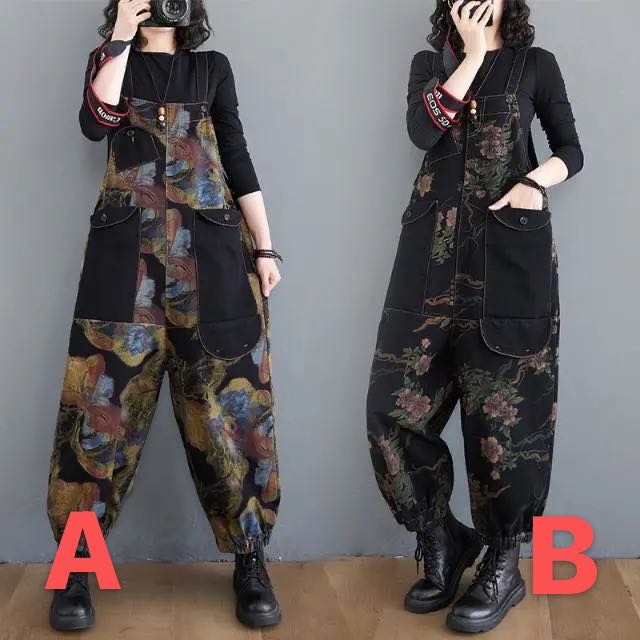 オーバーオール デニム サルエル オールインワン ロング サルエルパンツ 春秋レディース アラジンパンツ おしゃれ サロペット ゆったり 楽ちん 花柄 総柄 オシャレ お洒落 かわいい 大きい