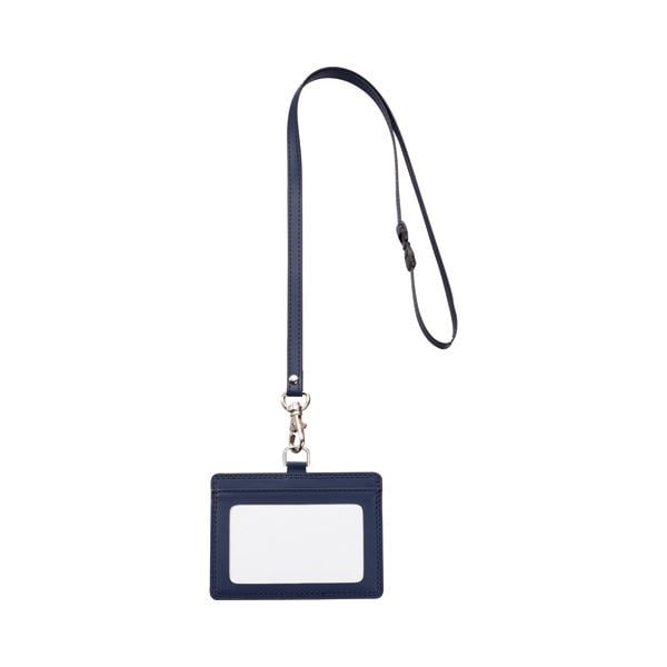 (まとめ) TANOSEE 合皮製ネームカードホルダー ヨコ型 ストラップ付 ブルー 1個 (×30セット)