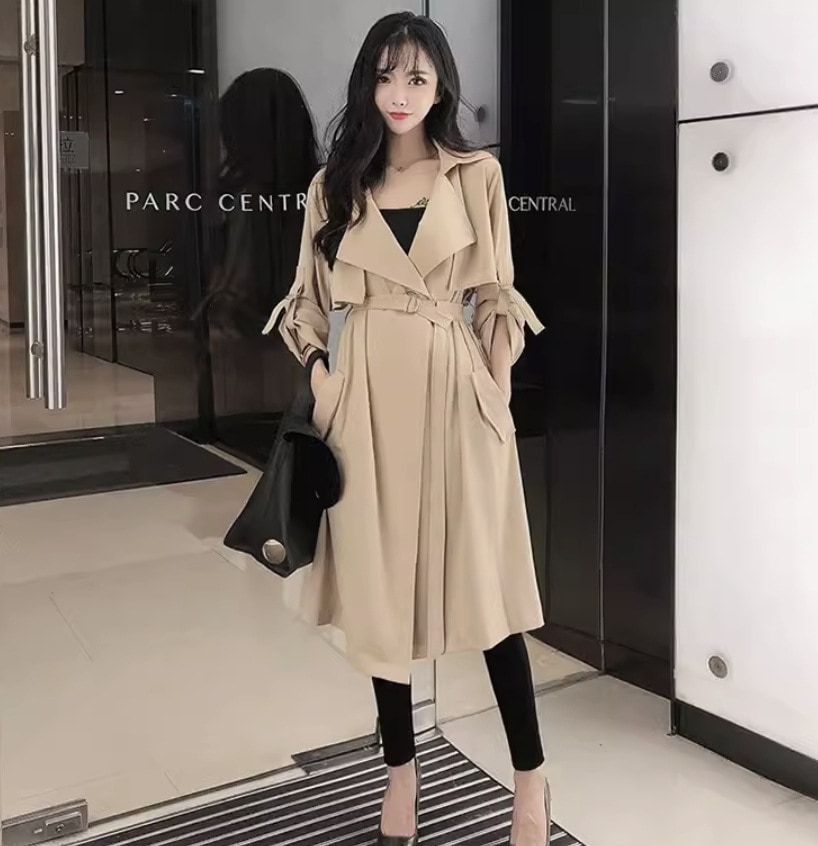 アウター コート 上着 ロングコート トレンチコート ミモレ ミモレ丈 袖あり 長袖 ストレート ベルト ポケット ハイウエスト 前開き ポリエステル かわいい きれいめ シンプル カジュアル 大人